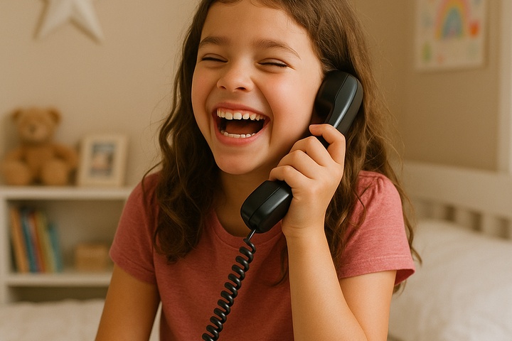 Child happily talking on a home phone