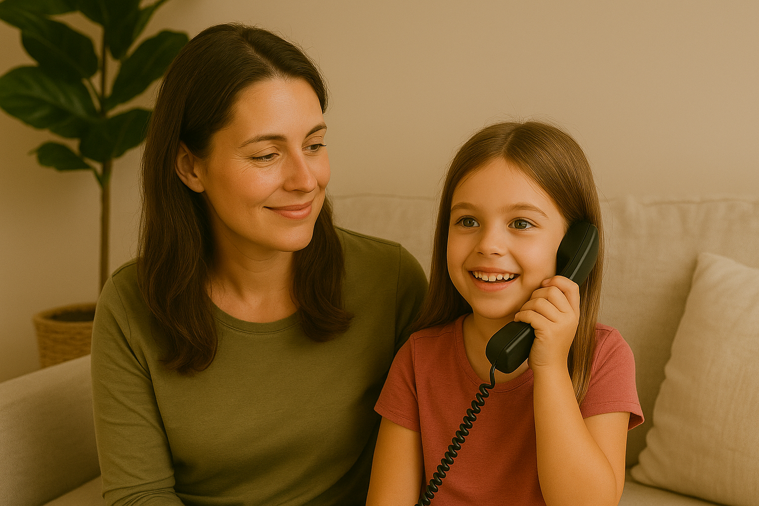 Parent watching child talk happily on a home phone